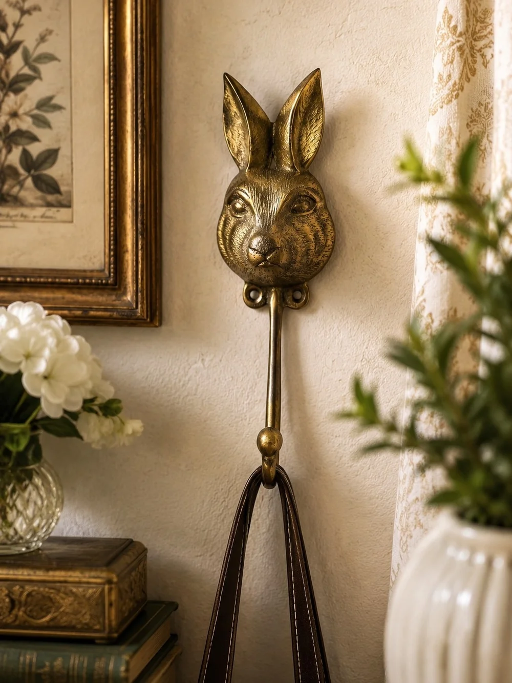 Brass Tone Rabbit Wall Hook Bunny Head Gold Cottagecore English Country Decor